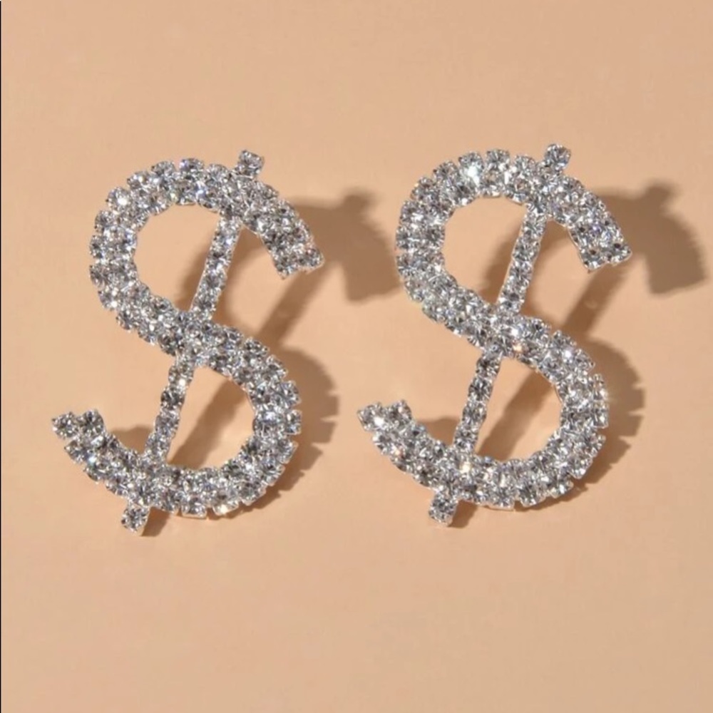 ๐ต Awesome Oversized Rhinestone Dollar Sign Money Earrings ๐ต - Picture 4 of 4
